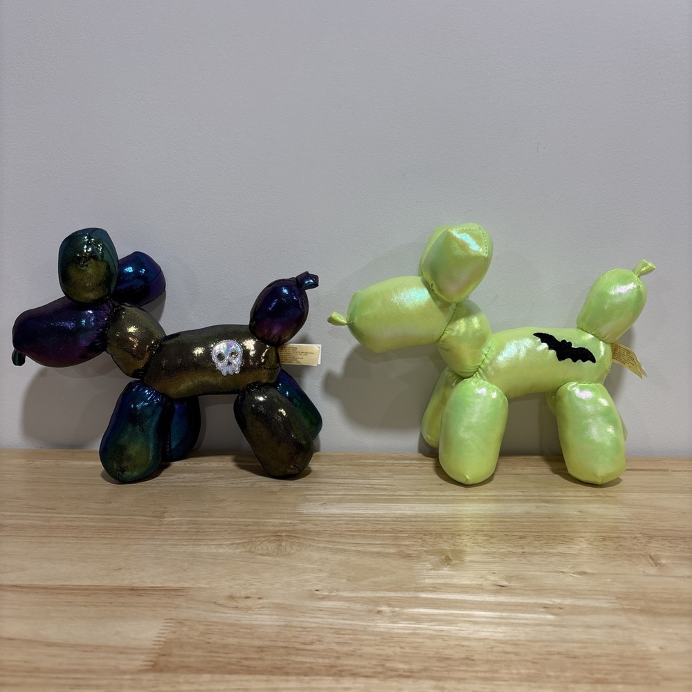 Lot of 2 Balloon Dog Plush Way to Celebrate Halloween Iridescent Skull‎ Bat